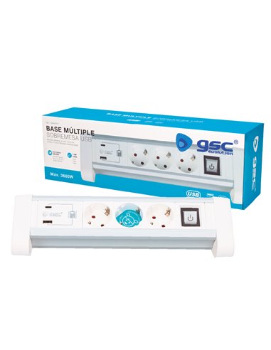 Base múltiple sobremesa 3T + 1 USB A + 1 USB Tipo C + Int (3x1.5mm) 1,4M Blanco