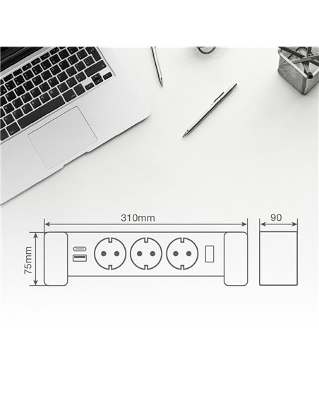 Base múltiple sobremesa 3T + 1 USB A + 1 USB Tipo C + Int (3x1.5mm) 1,4M Negro