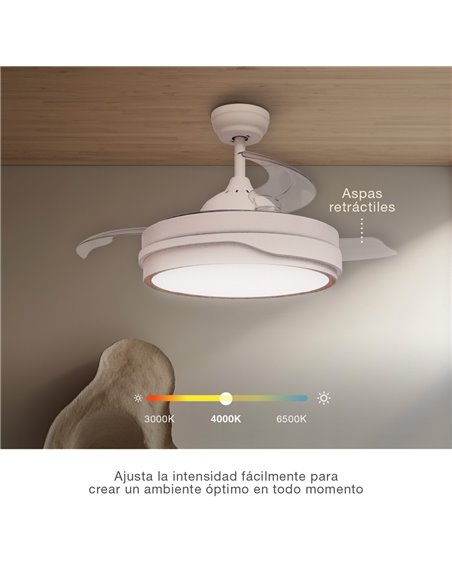 Ventilador techo Lentini con luz CCT regulable y mando Ø107 3 aspas retráctiles DC Blanco