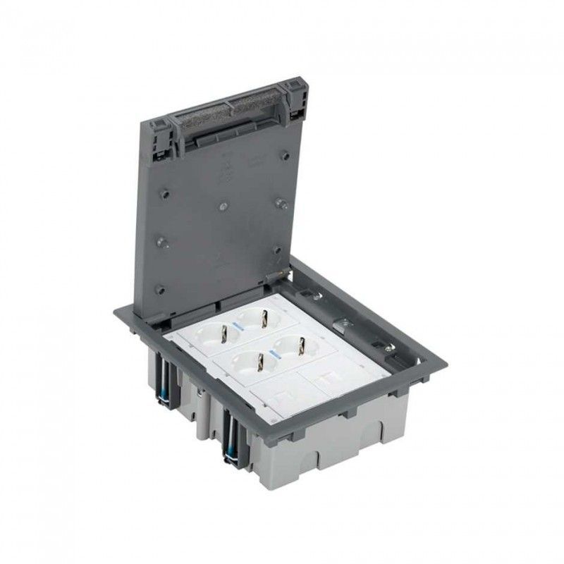 Kit caja de suelo simon 500 cima 3 módulos con 2 bases doble schuko embornado por corte-rápido con led,  2 placas v&d para 1 con