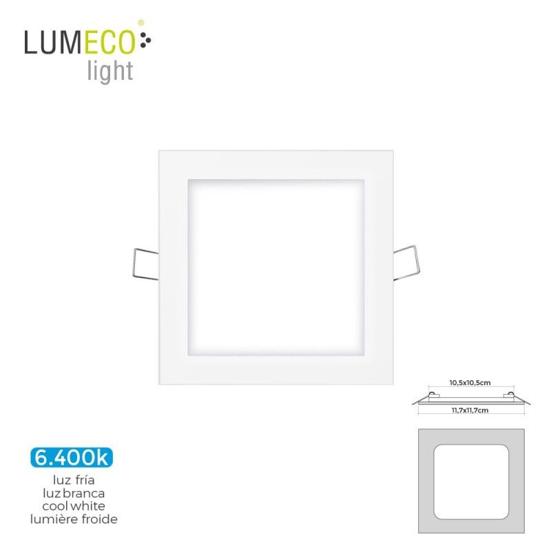 Mini downlight led lumeco 6w 320 lumen  cuadrado 12cm 6.400k marco blanco