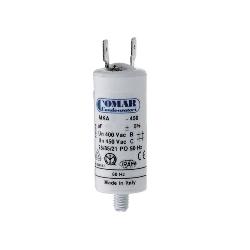 Capacitor de partida 1,5uF 5% 450V Ø3,4x6,3cm com pico M8 e faston simples 6,35 Konek