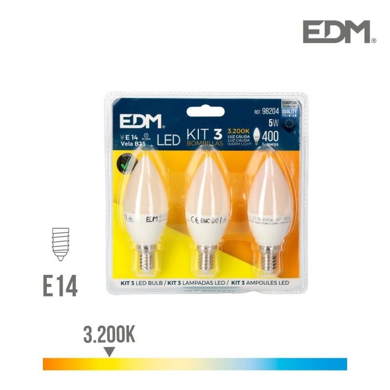 Kit 3 bombillas led vela 5w e14 3.200k edm