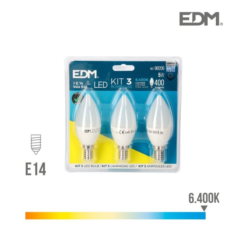 Kit de 3 Lâmpadas Vela LED EDM E14 5W 400lm 6400K Luz Fria Ø3,6x10cm