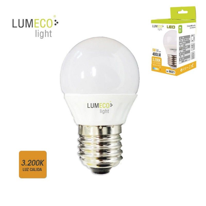 Bombilla esferica led - e27 - 5w - 400 lumens - 3200k - luz calida - lumeco