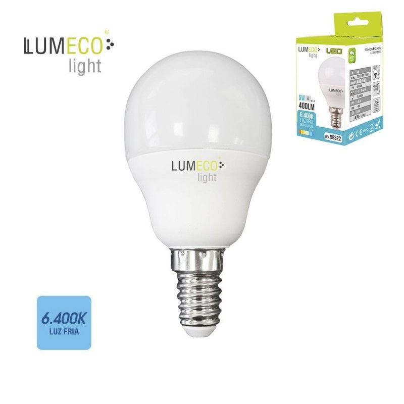 Bombilla esferica led - e14 - 5w - 400 lumens - 6400k - luz fria - lumeco