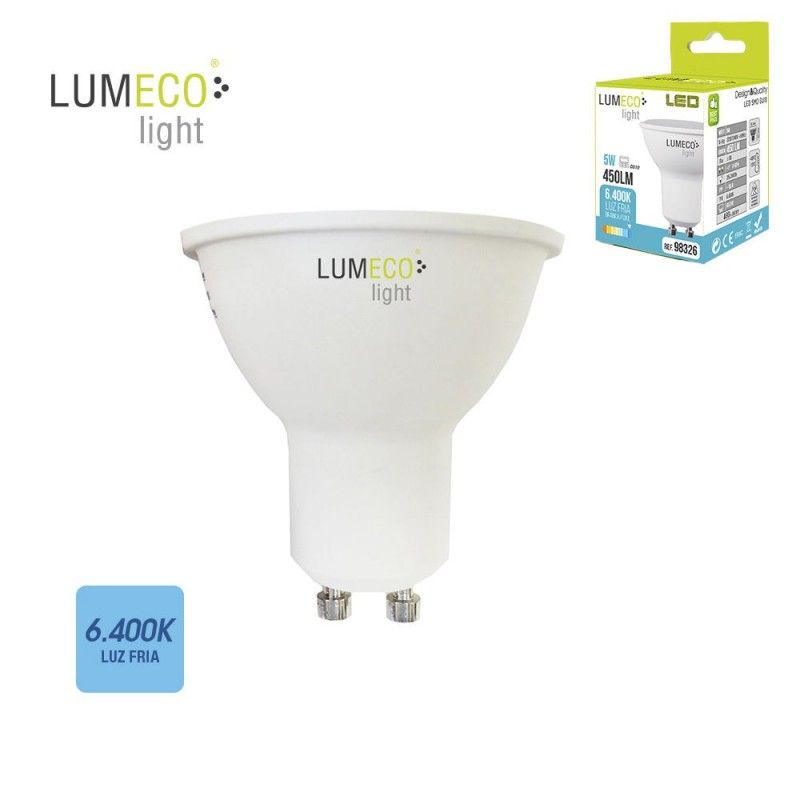 Bombilla dicroica gu10 smd led 5w 450 lumens luz fria 6.400k apertura 120º  lumeco