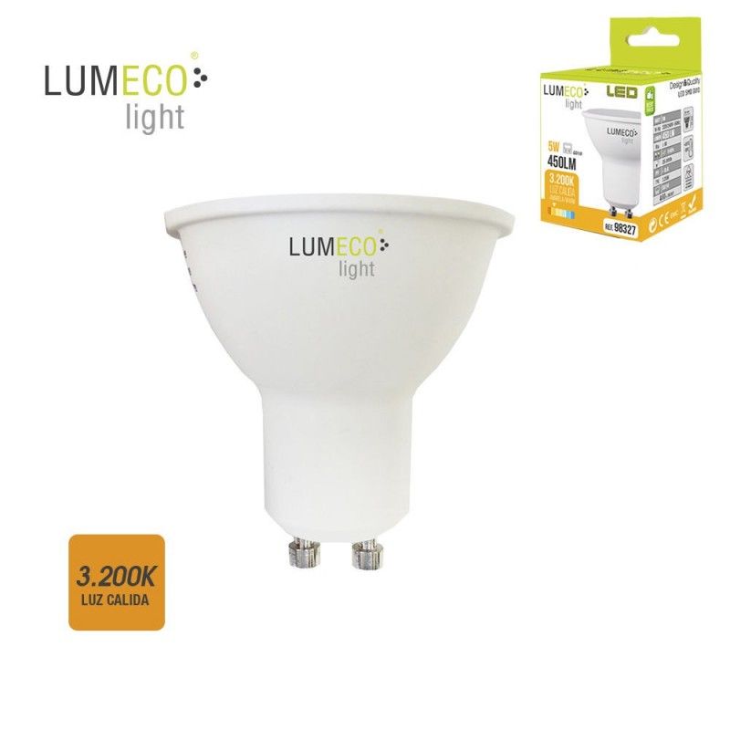 Bombilla dicroica gu10 smd led 5w 450 lumens luz calida 3.200k apertura 120º lumeco