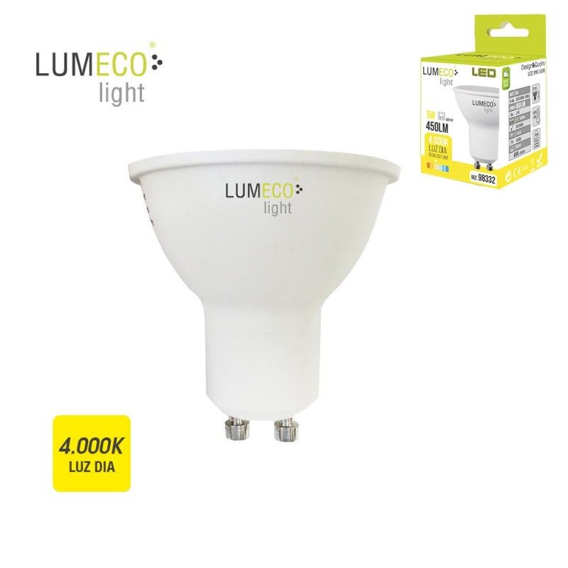 Bombilla dicroica gu10 smd led 5w 450 lumens luz dia 4.000k apertura 120º lumeco