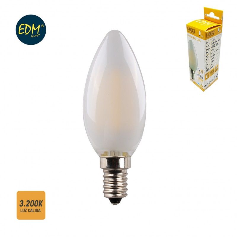 Bombilla vela filamento led mate 4,5w e14 470 lumens 3.200k luz calida edm