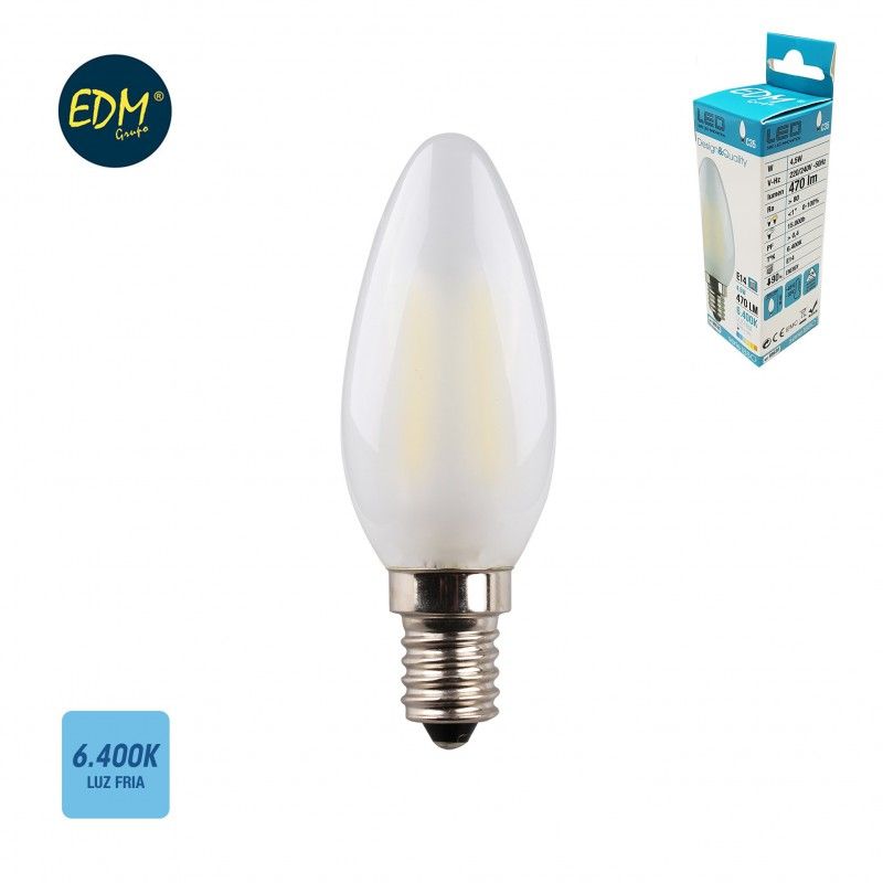 Bombilla vela filamento led mate 4,5w e14 470 lumens 6.400k luz fria edm