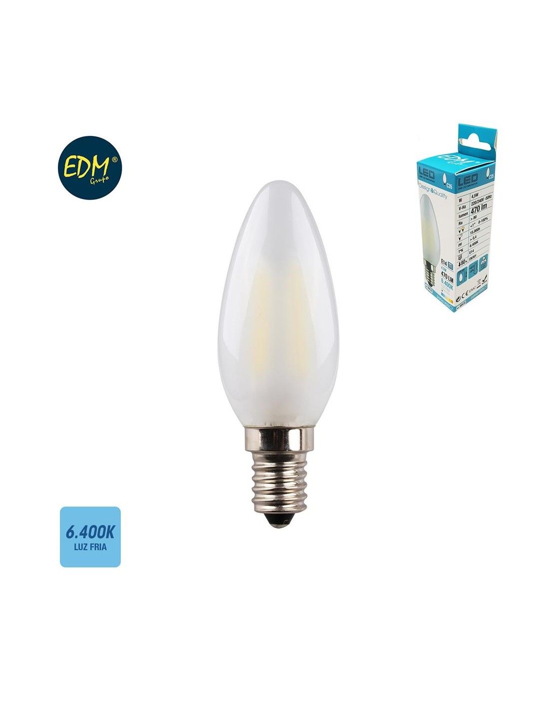 Bombilla mini vela led e14 3w 250lm 6400k luz fria ø1,6x5,4cm edm