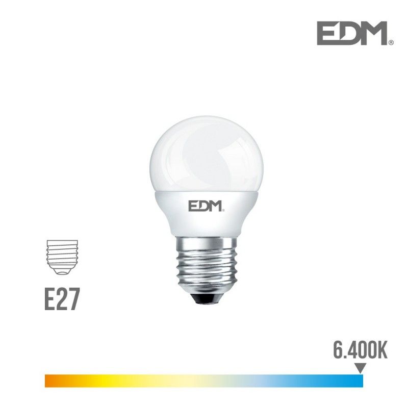 Lâmpada LED Esférica EDM E27 7W 600lm 6400K Luz Fria Ø4,5x8cm